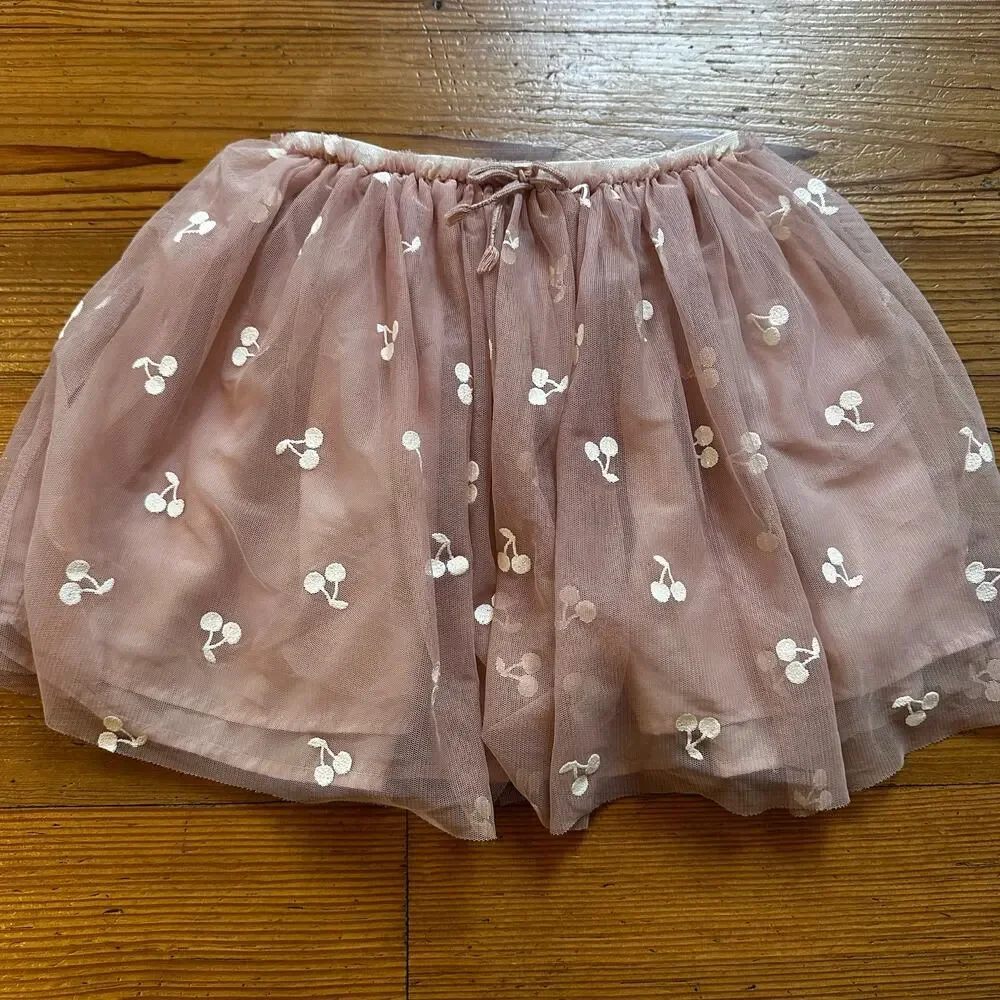 H&M pink sheer‎ white glitter cherry graphic tutu skirt SIZE 6-8